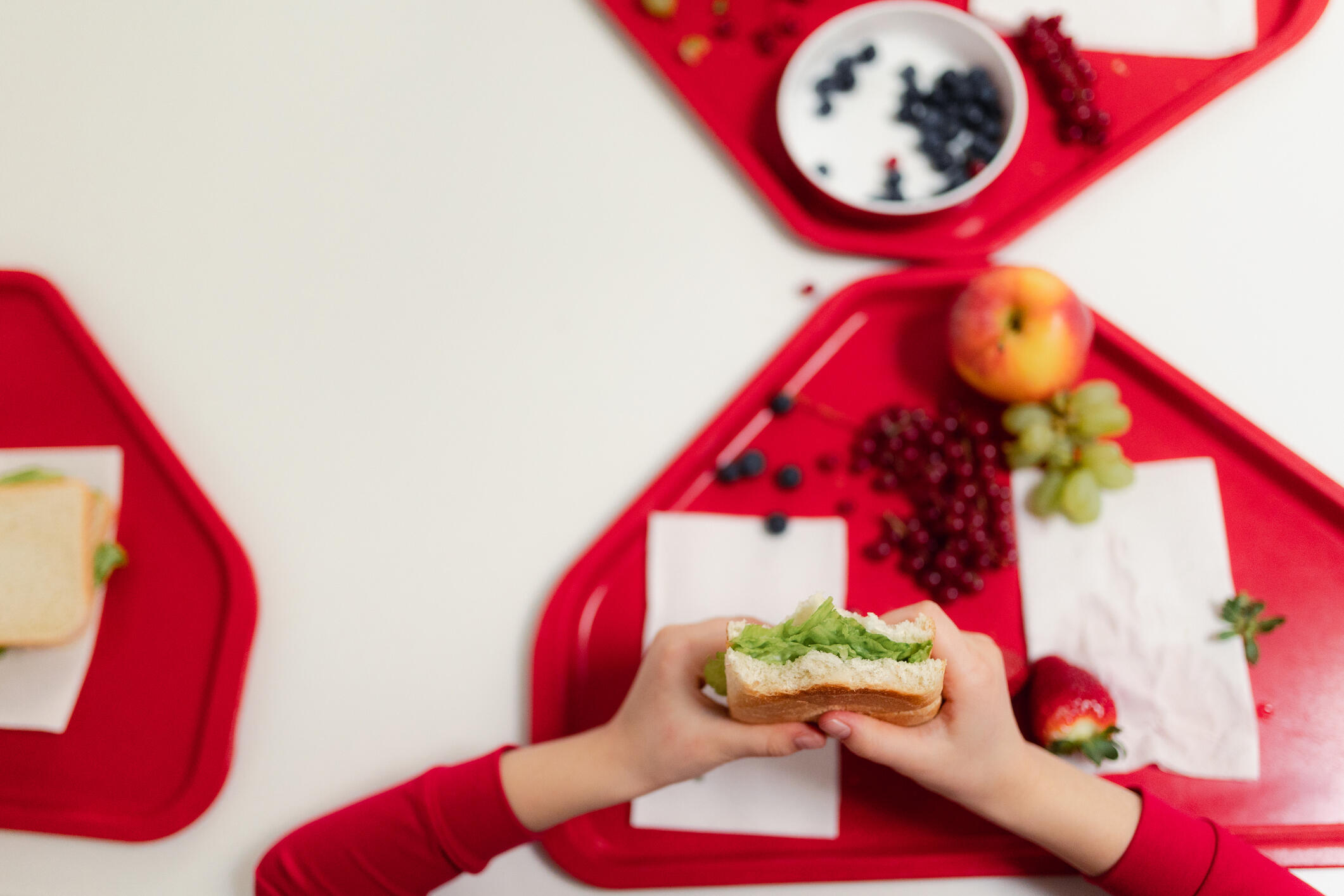 A photo of three red lunch trays sitting on a table. There is fruit on the lunch tray in the center. On thop of the tray are a child's hands and forearms. The hands are holding a sandwich.