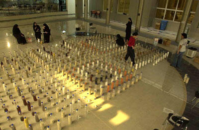 Qatari Bottlescape, a sculptural display of 648 water bottles, is on display at the VCU School of the Arts in Qatar.

Photo by Sally Van Gorder, School of the Arts in Qatar