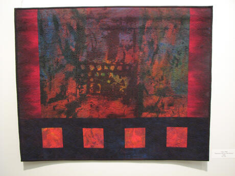Julia Pfaff: “Abstraction with Four Red Squares,” fusion of printing, painting and quilting