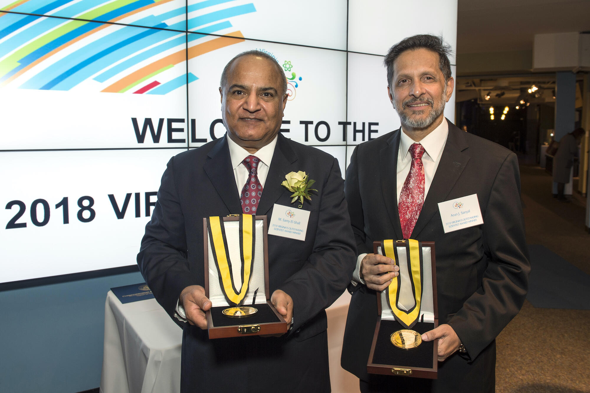 VCU colleagues M. Samy El-Shall, left, and Arun Sanyal at the 2018 Outstanding STEM Awards