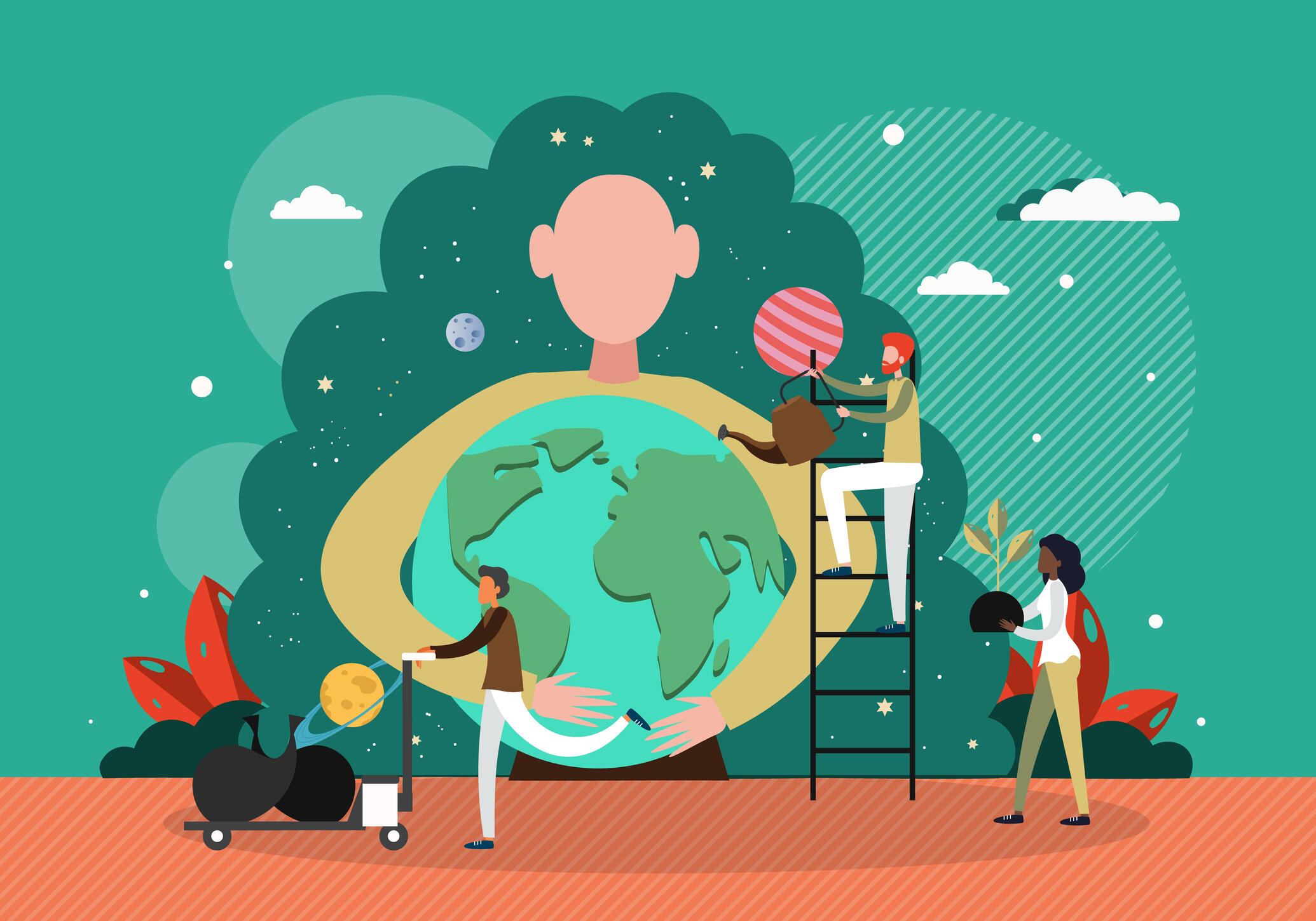 An illustration of a large woman with space for hair hugging the earth. A man on a ladder is holding a wateringcan over the earth. A woman to the right of the man is carrying a plant. A man to the left of the other two is pushing a card with objects on it.