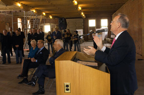 VCU President Eugene P. Trani speaks at the Virginia Commonwealth University Adcenter’s March 23 groundbreaking ceremony at the historic Central Belting Building. The VCU Adcenter’s future home, which is located near The Jefferson Hotel, will encompass 27,000 square feet. The facility is expected to be finished in December.
