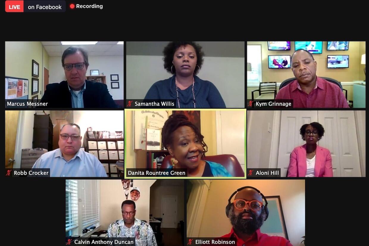 A screenshot of a videoconference with eight participants.