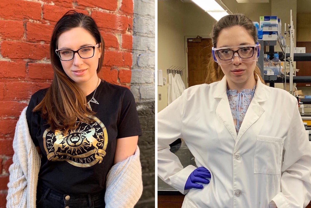 Student poses in graphic t shirt on the left and in lab coat and lab glasses on the right, showing her interest in both fashion and engineering 