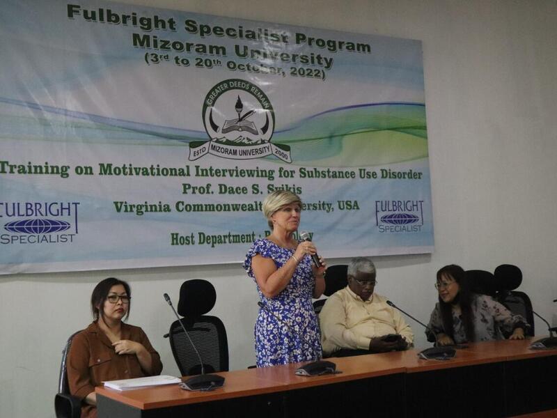 Dace Svikis, Ph.D., a VCU professor, traveled to Mizoram, India, in the fall as part of the Fulbright Specialist Program. Here, she delivers the keynote speech at the international seminar, "Make Mental Health a Global Priority," at Mizoram University. (Courtesy Dace Svikis)