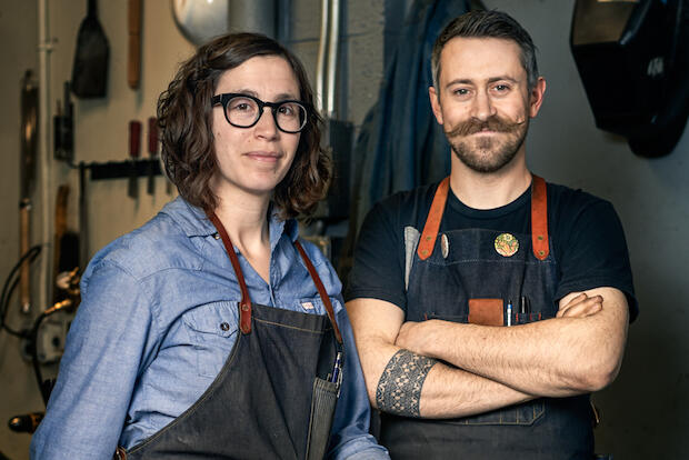 Photo of Gabriel Craig and Amy Weiks, co-founders of a metalwork artist shop in Detroit