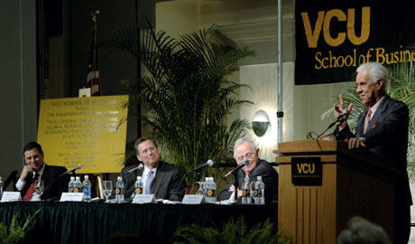 From left: James Weigand, global business director for Advanced Fiber Systems at DuPont;  Mark Cross, senior vice president for strategic marketing and international business development at MeadWestvaco; VCU President Eugene P. Trani; and Richmond Mayor L. Douglas Wilder. Photo by Katy McDaniel