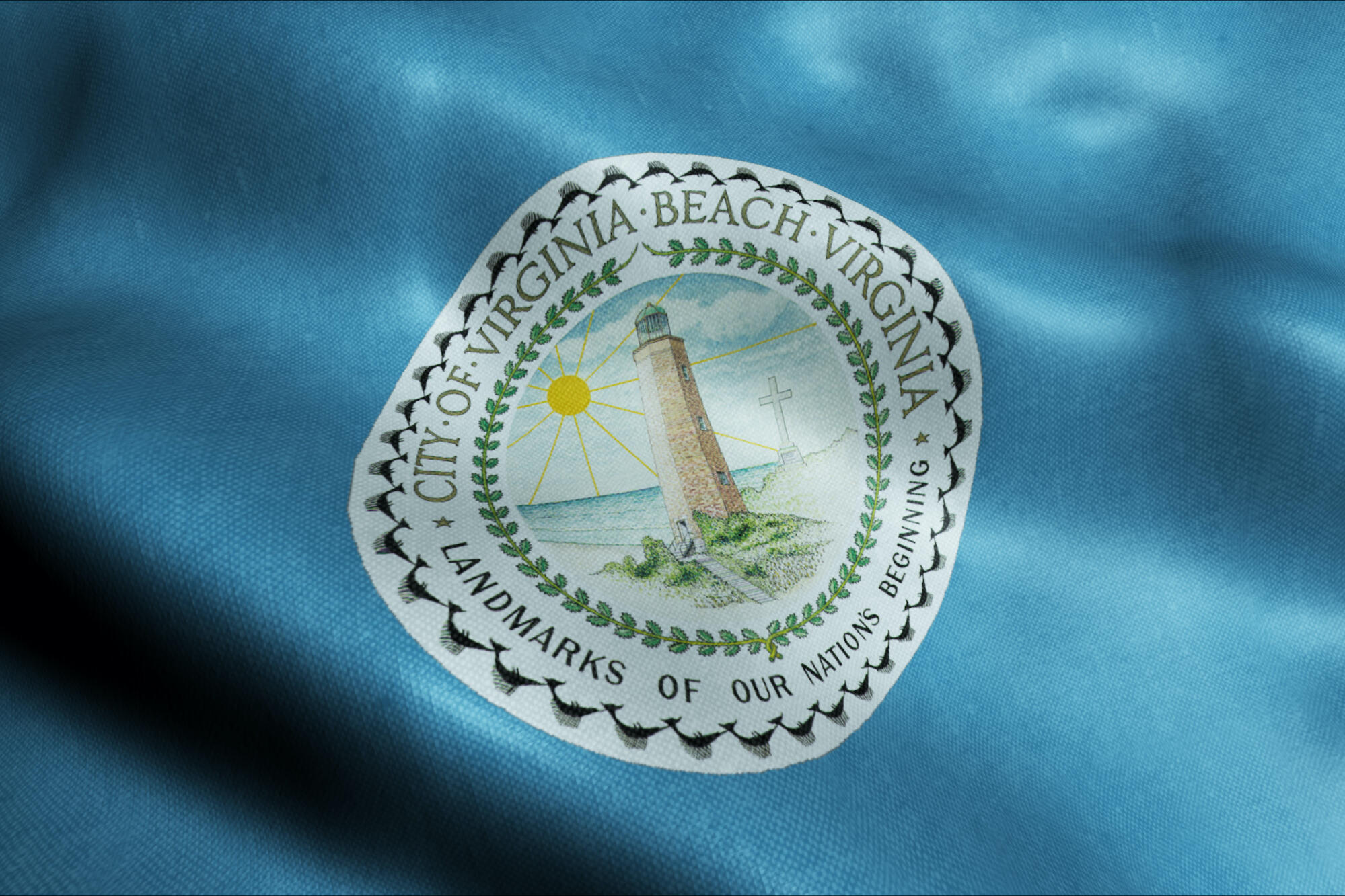 Close-up image of the Virginia Beach seal in the middle of the city's flag.