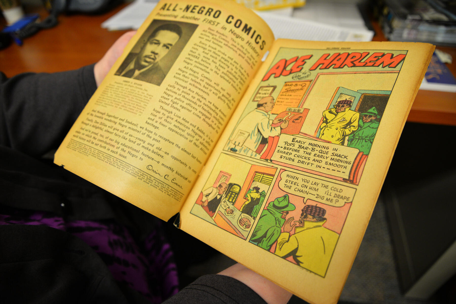 Inside the comic is a letter to the reader from publisher Orrin C. Evans and several stories, including detective story "Ace Harlem," that emphasized positive portrayals of African-American characters.
