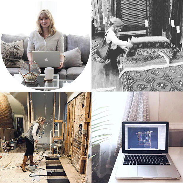 (clockwise from top left) Nicole Rutledge; Nicole rummaging through a pile of rugs in a shop; a laptop showing a design programming tool; and Nicole examining the floor beams in a gutted Church Hill kitchen.
