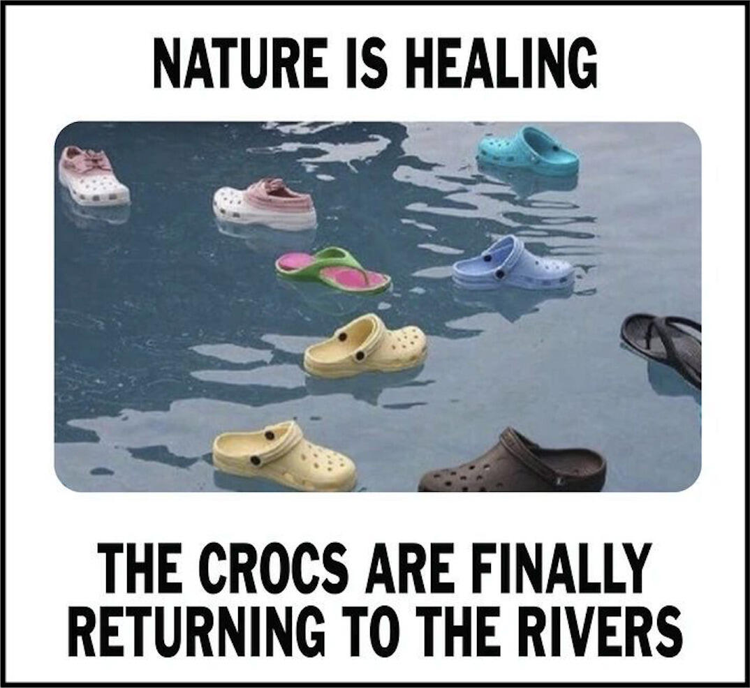 A meme with a photo of Crocs shoes floating on water. Text on the image says \"Nature is healing. The crocs are finally returning to the river.\"