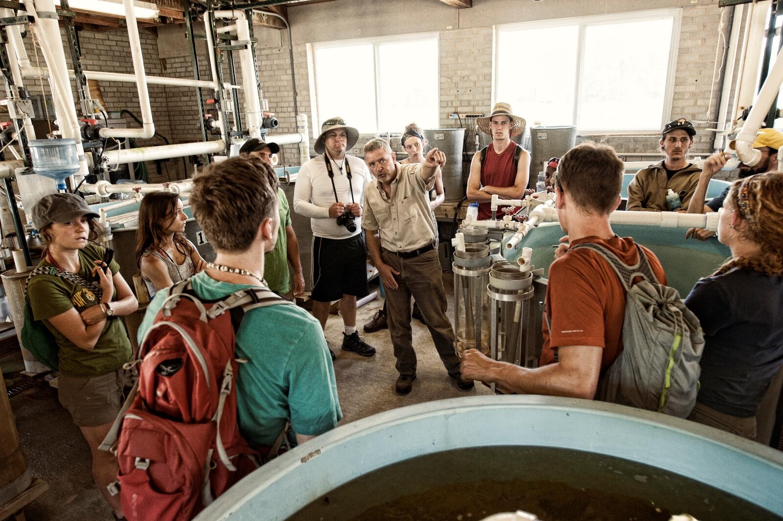 While camping at the VCU Rice Rivers Center, the class tours the nearby Harrison Lake National Fish Hatchery, a U.S. Fish and Wildlife Service facility. Photo by Allen Jones, VCU University Marketing.