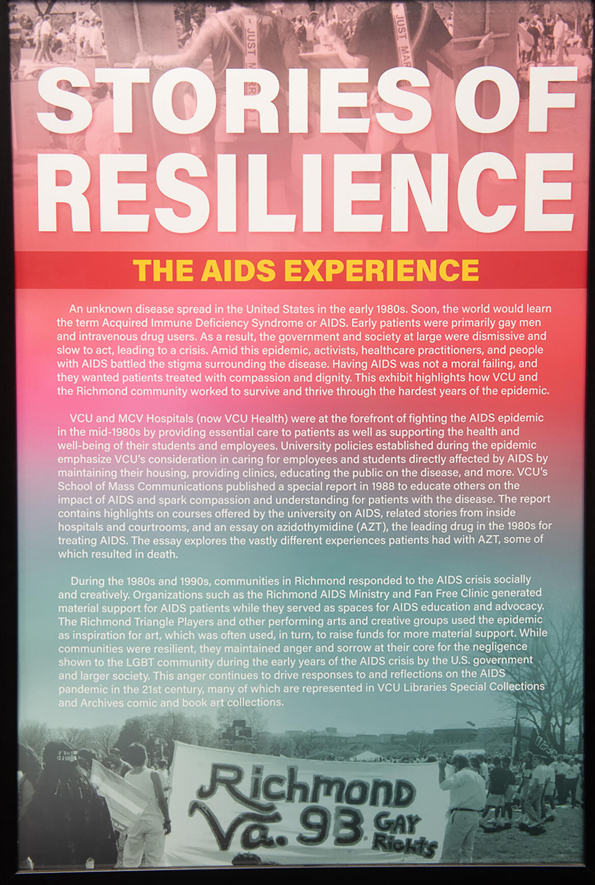 A photo of a poster for the “The AIDS Experience: Stories of Resilience” exhibit