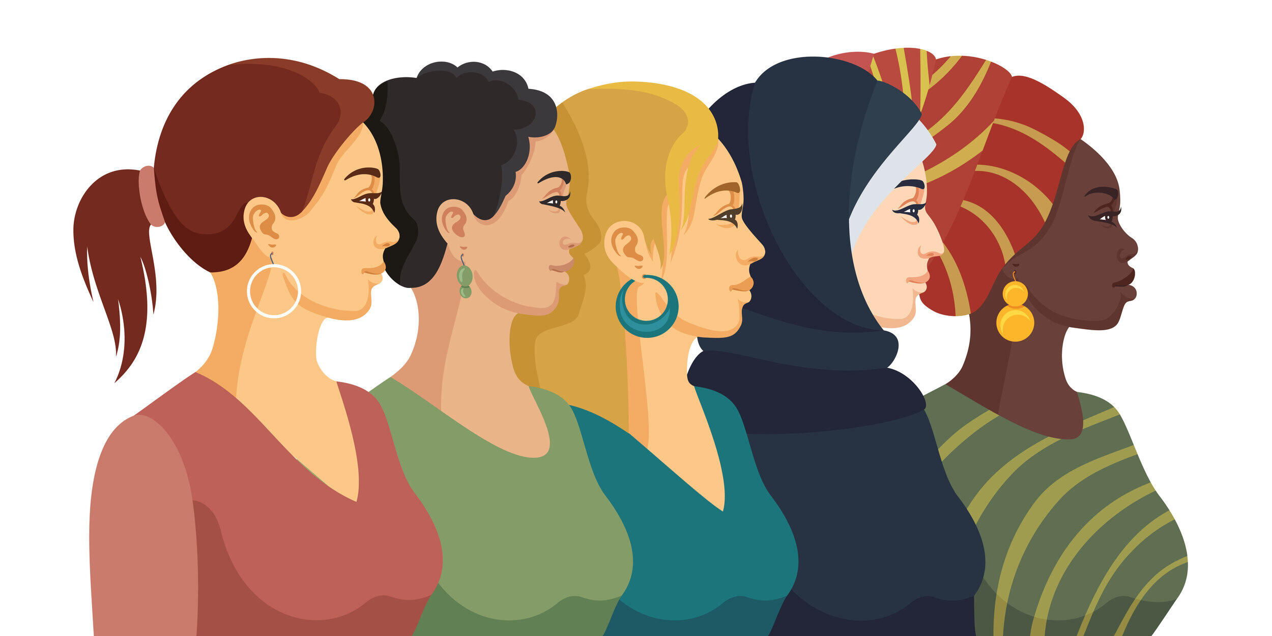 An illustration of five women looking to the right. 
