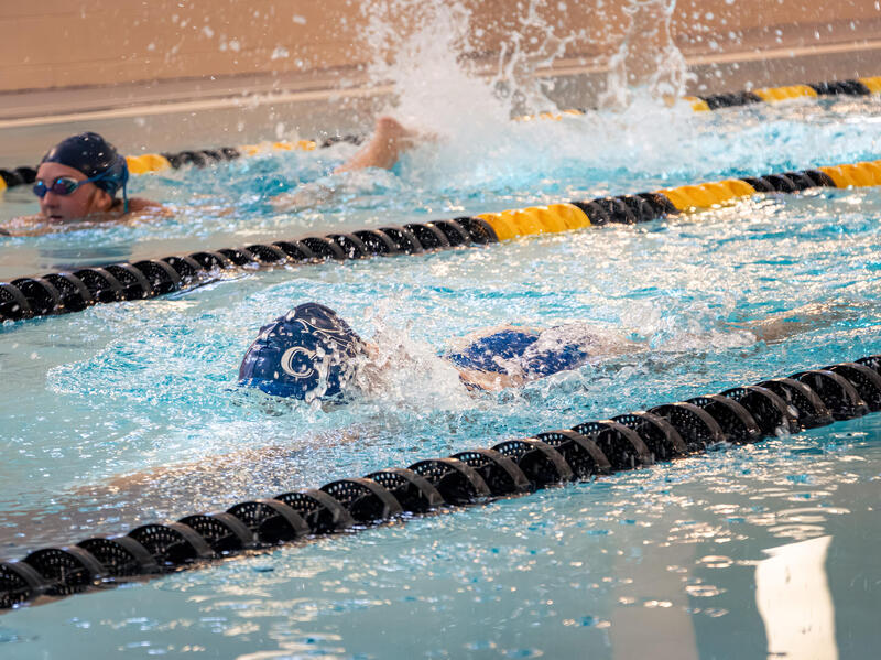 A photo of two people swimming in a pool in lap lanes. 