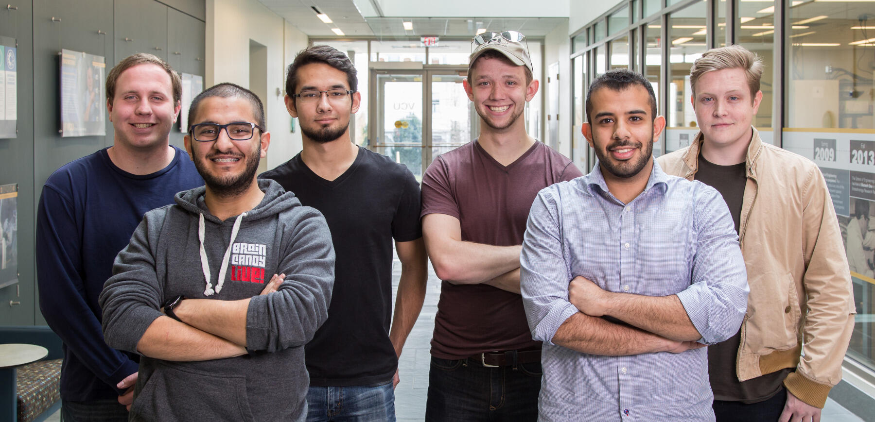 Wesley Bosman, Majid AlAshari, Jon Dyke, Marcus Massok, Ashraf Al Gumaei, James Walters and Justin Artis (not pictured) are one of 11 interdisciplinary teams of engineering and entrepreneurship students collaborating on capstone projects this year. They are designing — and commercializing — a wearable cardiac arrest detection device.