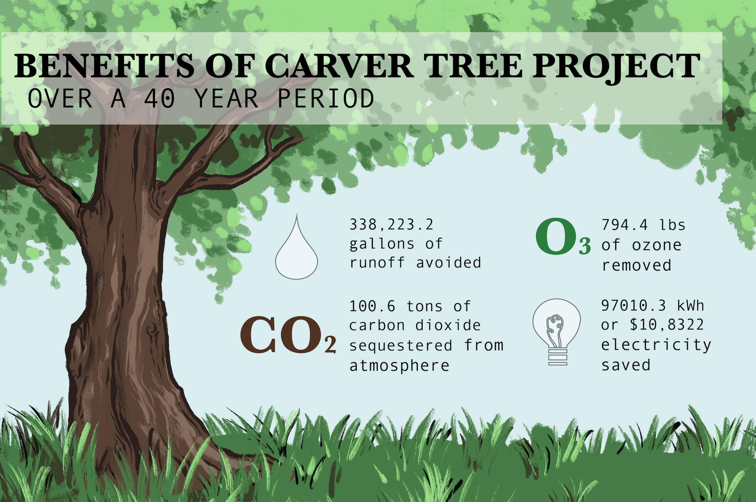 The projected 40-year impact of the Carver Tree Project includes the removal of carbon dioxide, ozone, and runoff from the environment. (Infographic by Ellie Erhart, University Public Affairs)
