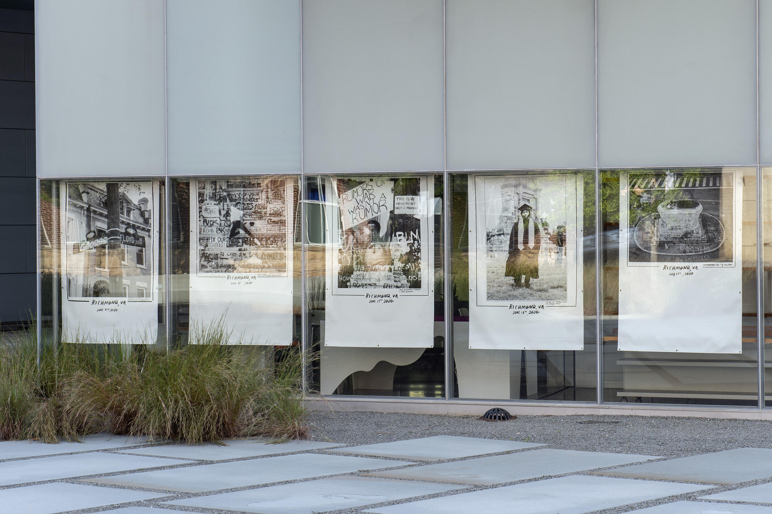 The windows of the Institute for Contemporary Art with artwork displayed.