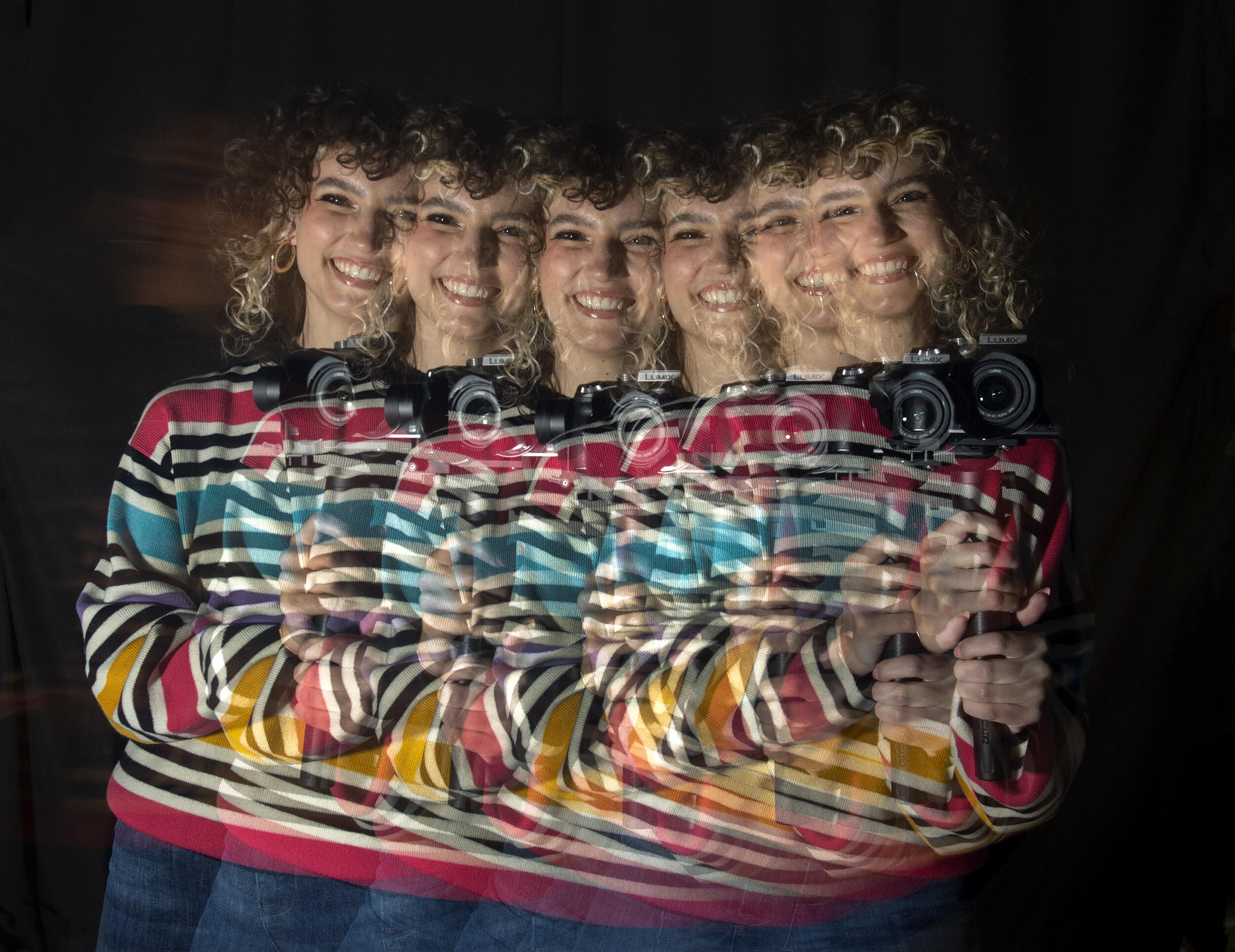 Nine portraits of Taylor Colimore layered over each other from left to right 