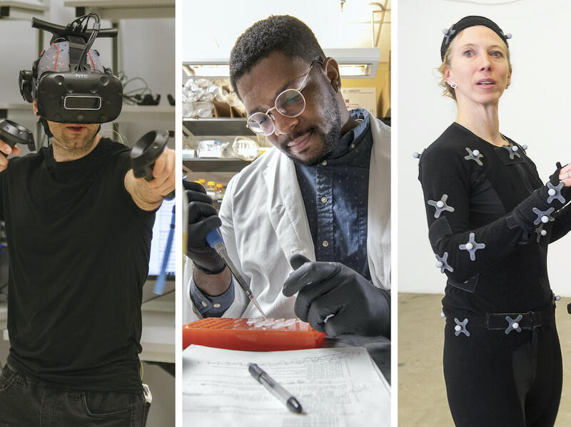 From left to right, a photo of a man in a virtual reality device gesturing as though punching, a man in a white lab coat using a pipette, and a woman in a motion-capture outfit holding a violin.