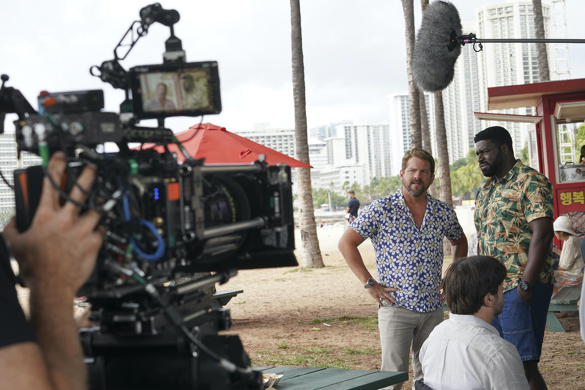 Zachary Knighton, left, and Stephen Hill on the set of Magnum P.I.