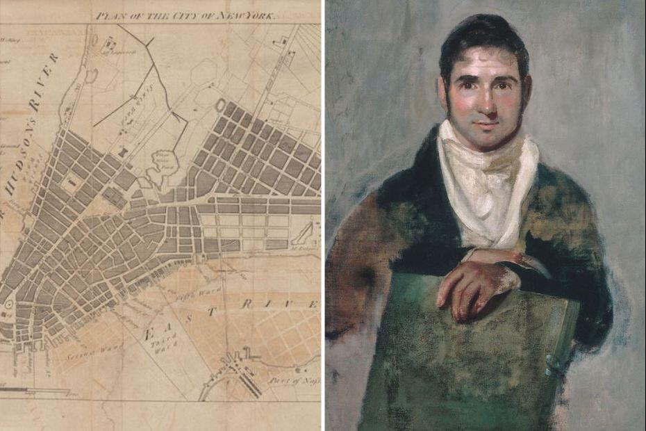 Left: Plan of the City of New York from William Duncan’s 1793 city directory. Right: Portrait of Alexander Anderson, c. 1815, by John Wesley Jarvis.