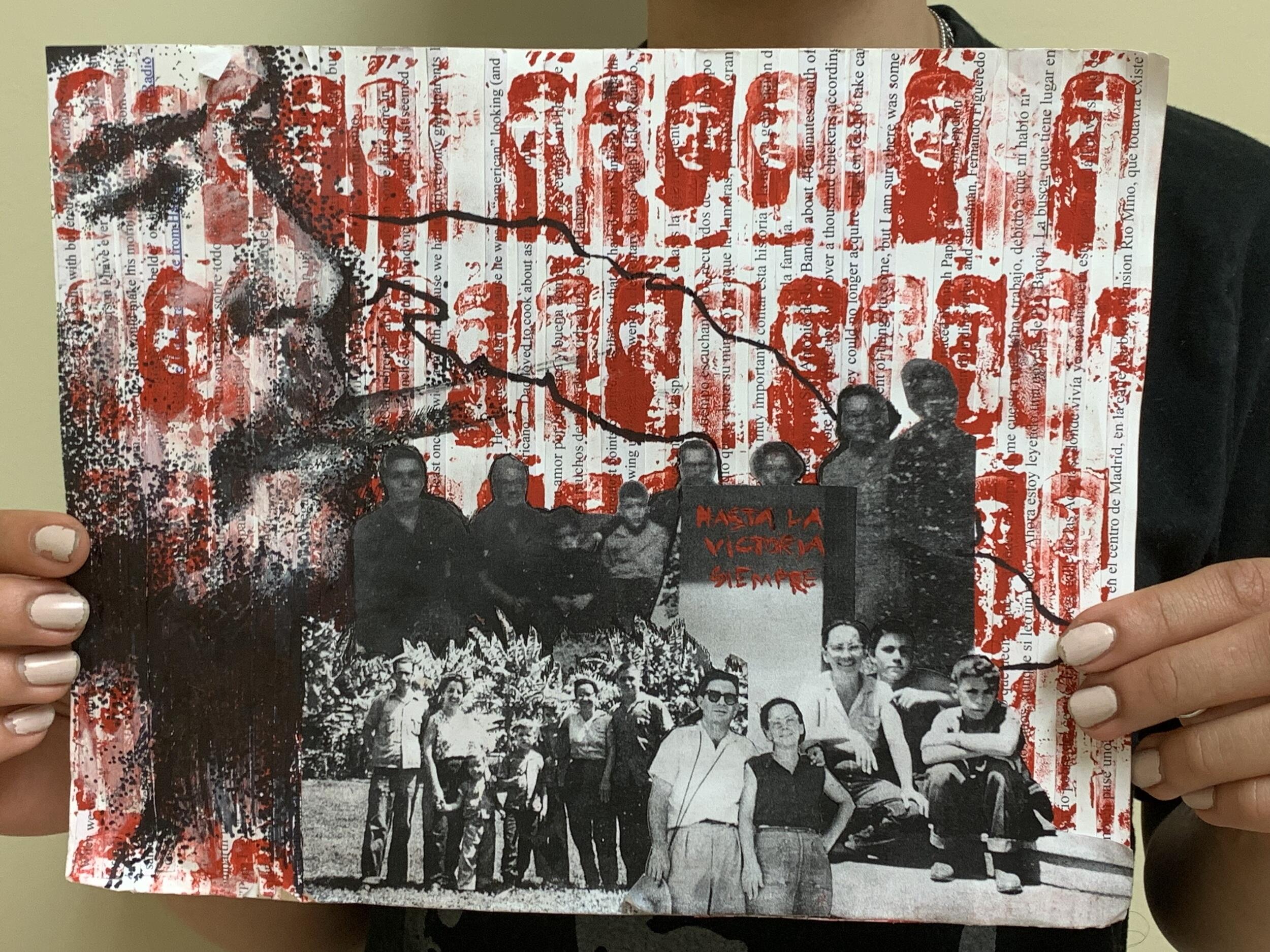 A collage with a red patterned background with black and white cut-outs from photos on top. 