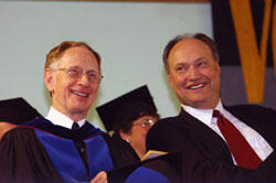 VCU School of Engineering Dean Robert J. Mattauch (left) and Philip Morris Chairman and CEO Michael E. Szymanczyk at the school's May diploma awarding ceremony. Szymanczyk delivered his first-ever commencement speech to more than 100 engineering graduates.

Photo by Allen Jones, Creative Services