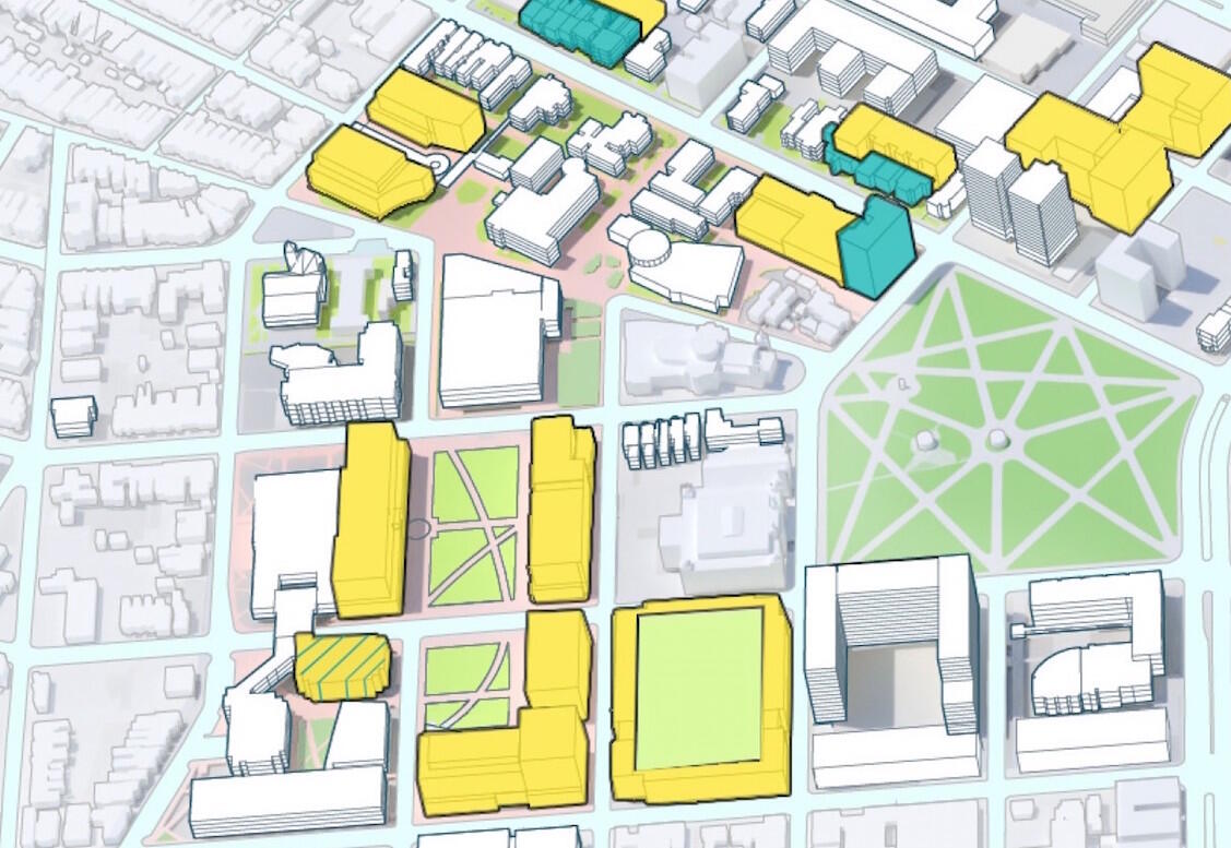 Map view of the Monroe Park Campus iconic green, left, and student housing that will wrap around the West Main Street parking deck.