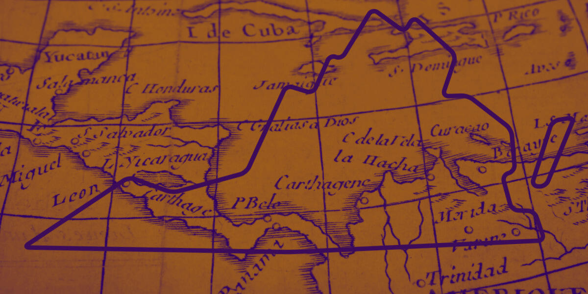 A photo of a map of central America with the outline of the State of Virginia over top of it. 