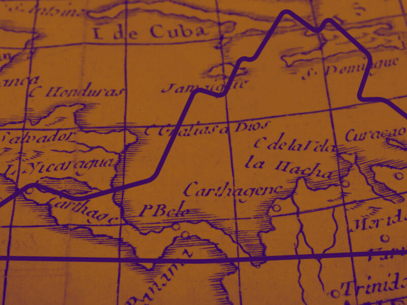 A photo of a map of central America with the outline of the State of Virginia over top of it. 