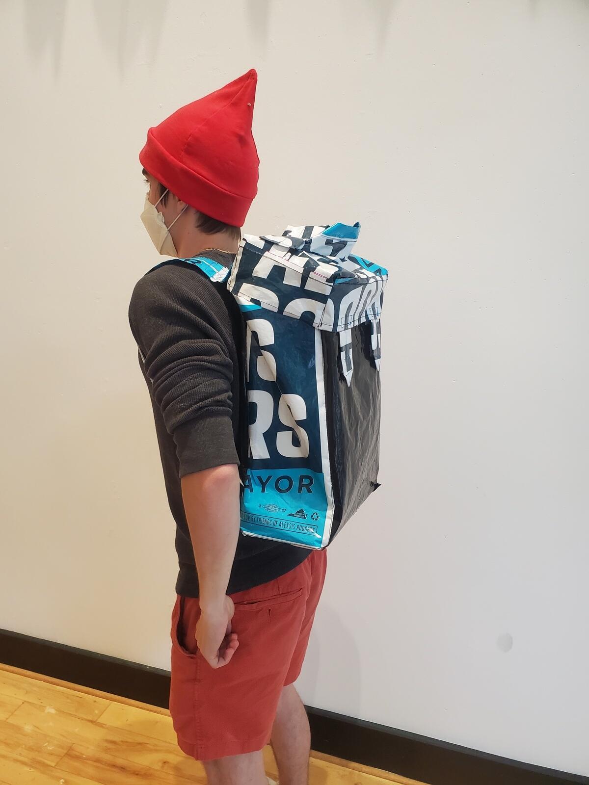 A person wearing a backpack made of political signs.