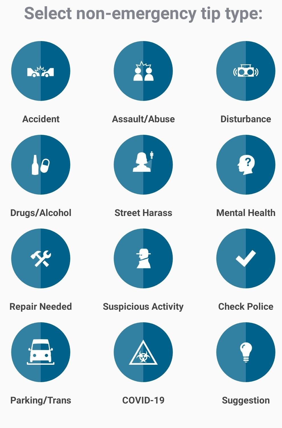 Text on image states "Select non-emergency tip type:" with options and images include accident, assault/abuse, disturbance, drugs/alcohol, street harassment, mental health, repair needed, suspicious activity, check police, parking/transportation, COVID-19, and a suggestion.