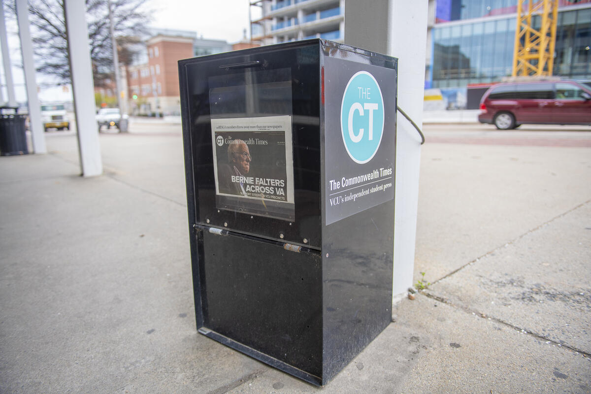 A newspaper distribution box of The Commonwealth Times.