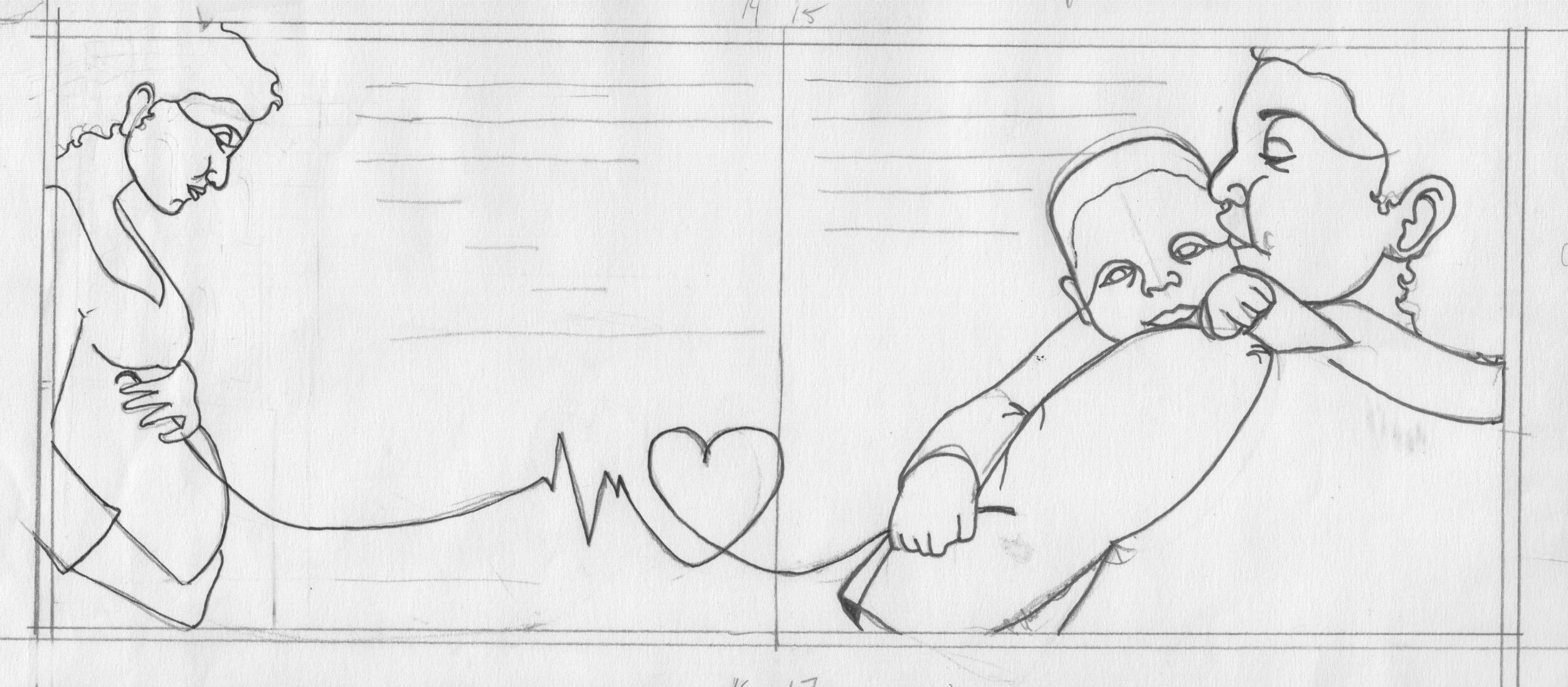 An illustration of a pregnant woman on the left holding a string that turns into a heartbeat and then into a heart shape.  On the right side of the image, a small child holds the other end of the string and is held by his father. 