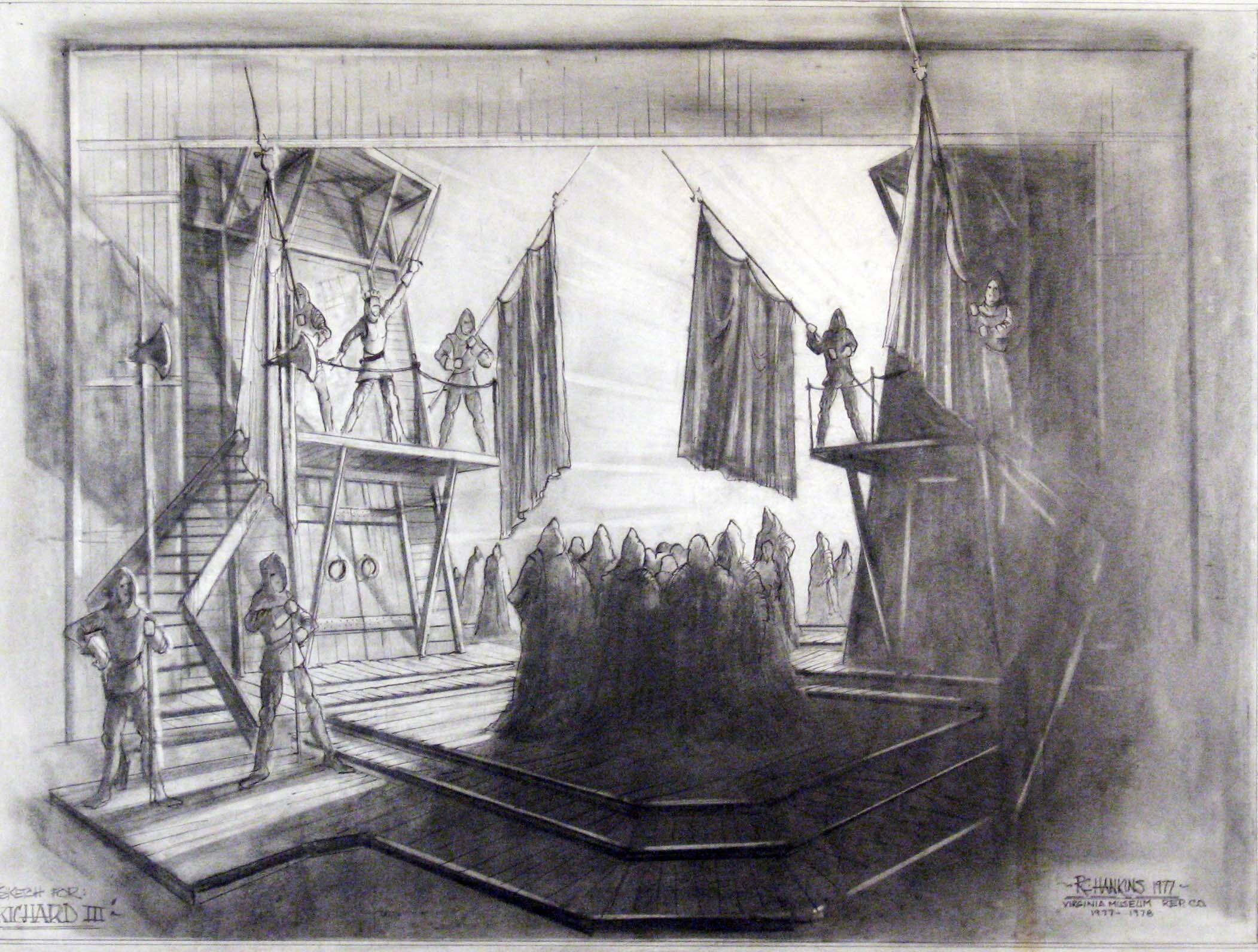 An illustration of a stage with actors standing on it in costumes. 
