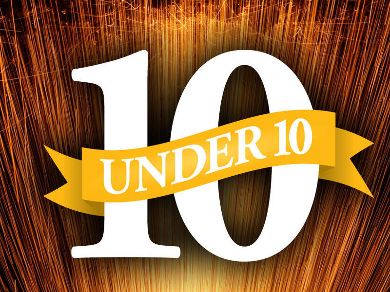 A graphic that has a large white number 10 with a yellow ribbon over it that says \"under 10\" in white letters. 