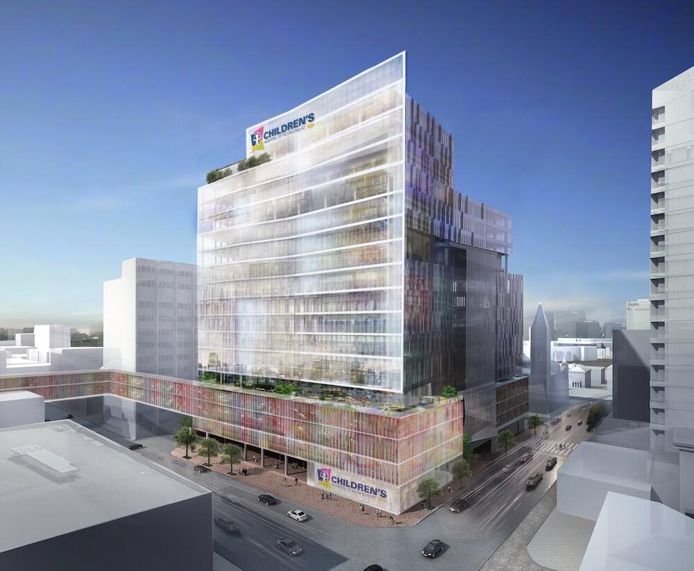 Rendering of the new children's hospital — view from Marshall Street. (Graphic courtesy of HKS, Inc.)