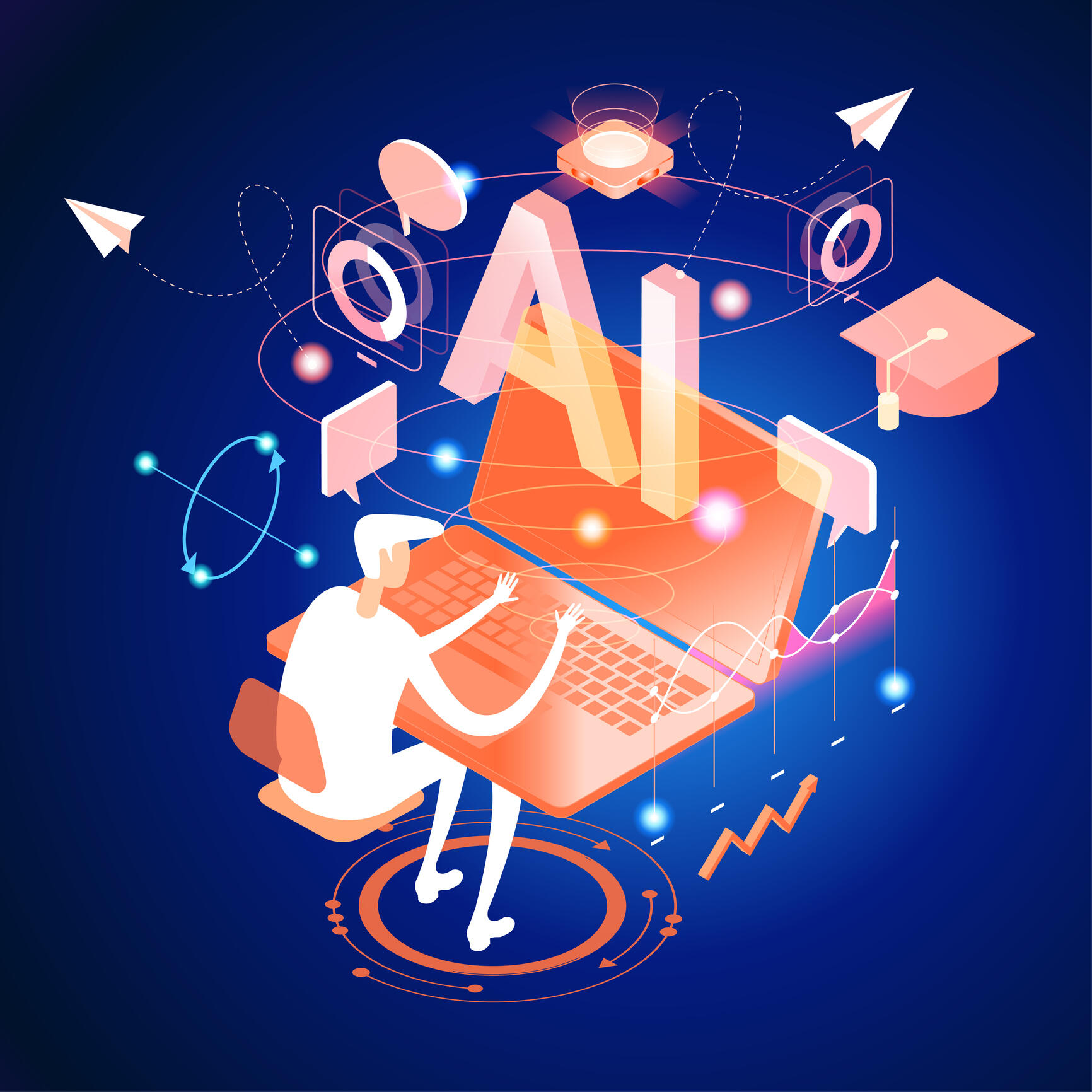 A graphic of a person working at a laptop with AI imagery above them, depicting AI literacy.