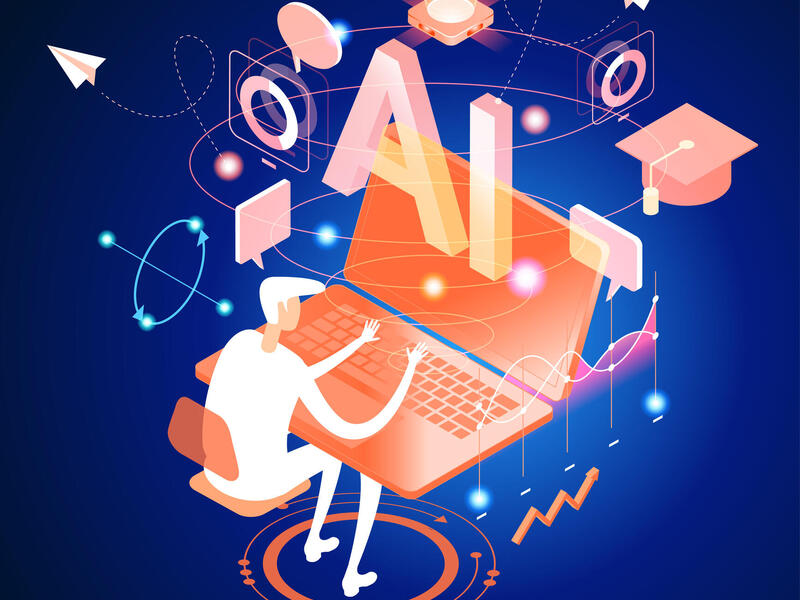 A graphic of a person working at a laptop with AI imagery above them, depicting AI literacy.