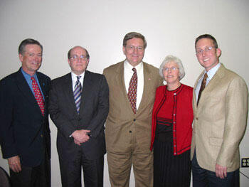 From left, William F. Jessee, M.D., president and CEO of Medical Group Management Association, Mike Jurgensen, director of health policy and medical economics, Medical Society of Virginia, Del. John M. O'Bannon, M.D., VCU Health System Board of Directors and partner in Neurological Associates, Pat Randall, administrator, Colonial Orthopaedics, and Bill Lueck, executive director of operations, Virginia Cardiovascular Specialists reviewed the impact that House Bill 1441 will have on physicians, health care administrators and licensure in the Commonwealth.

Photo by Michael Ford, University News Services