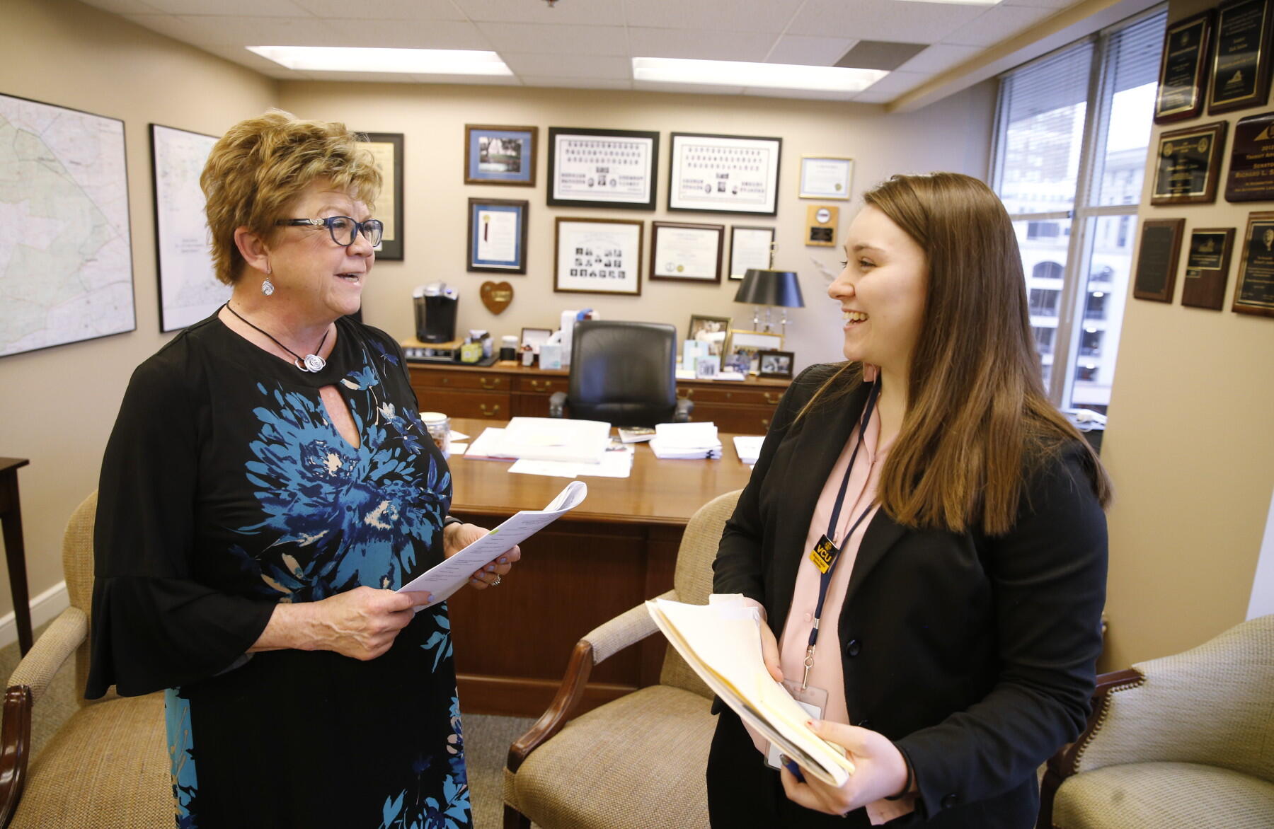 Wilder School student and Virginia Capitol Semester intern Elizabeth Dexter with legislative assistant Janet Muldoon. Dexter, a junior majoring in criminal justice and homeland security and emergency preparedness, interned in the office of Senate Democratic Leader Dick Saslaw this spring.
