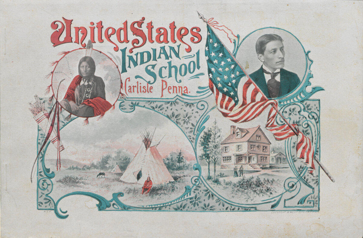 An old illustration with a Native American and a white man. On one side is a tepee and on the other is a house. The words \"United States Indian School Carlisle Pena\" is written at the top. 