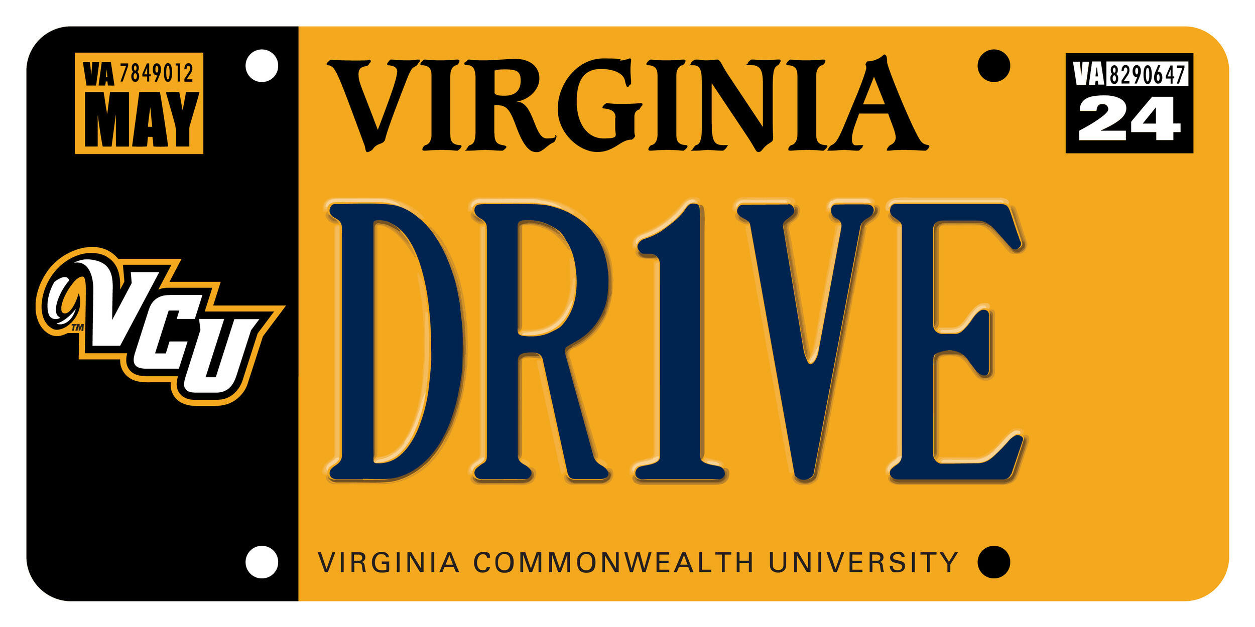 A photo of a yellow license plate that has a black strip on the left side. On top of the black strip are letter's that spell out \"VCU\" 