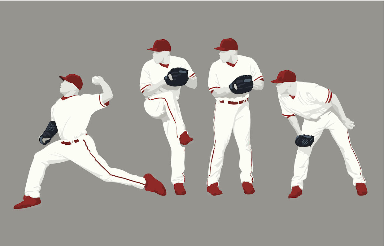 A series of still images of the stages of a baseball pitcher throwing a pitch