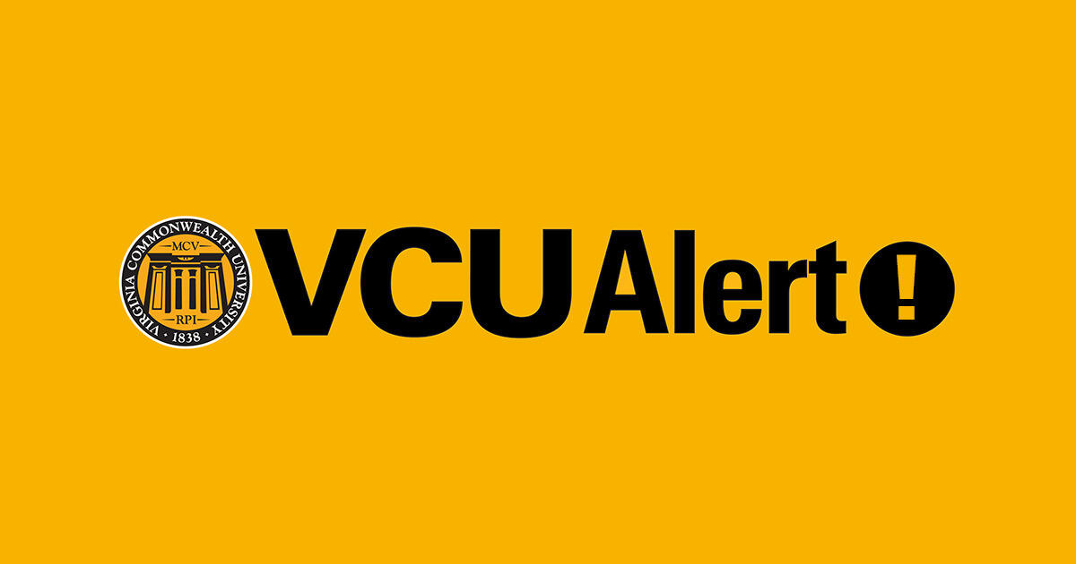 A yellow block that says \"VCUAlert\" in black letters. To the right of the text is a black circle with a yellow exclamation point in it. 