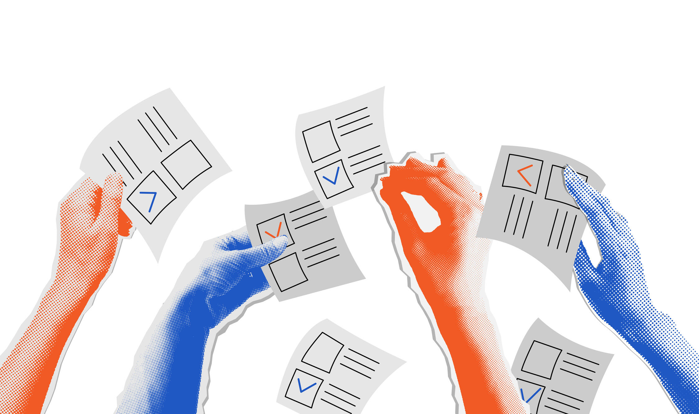  A picture of red and blue hands and forearms holding slips of paper with boxes on them.