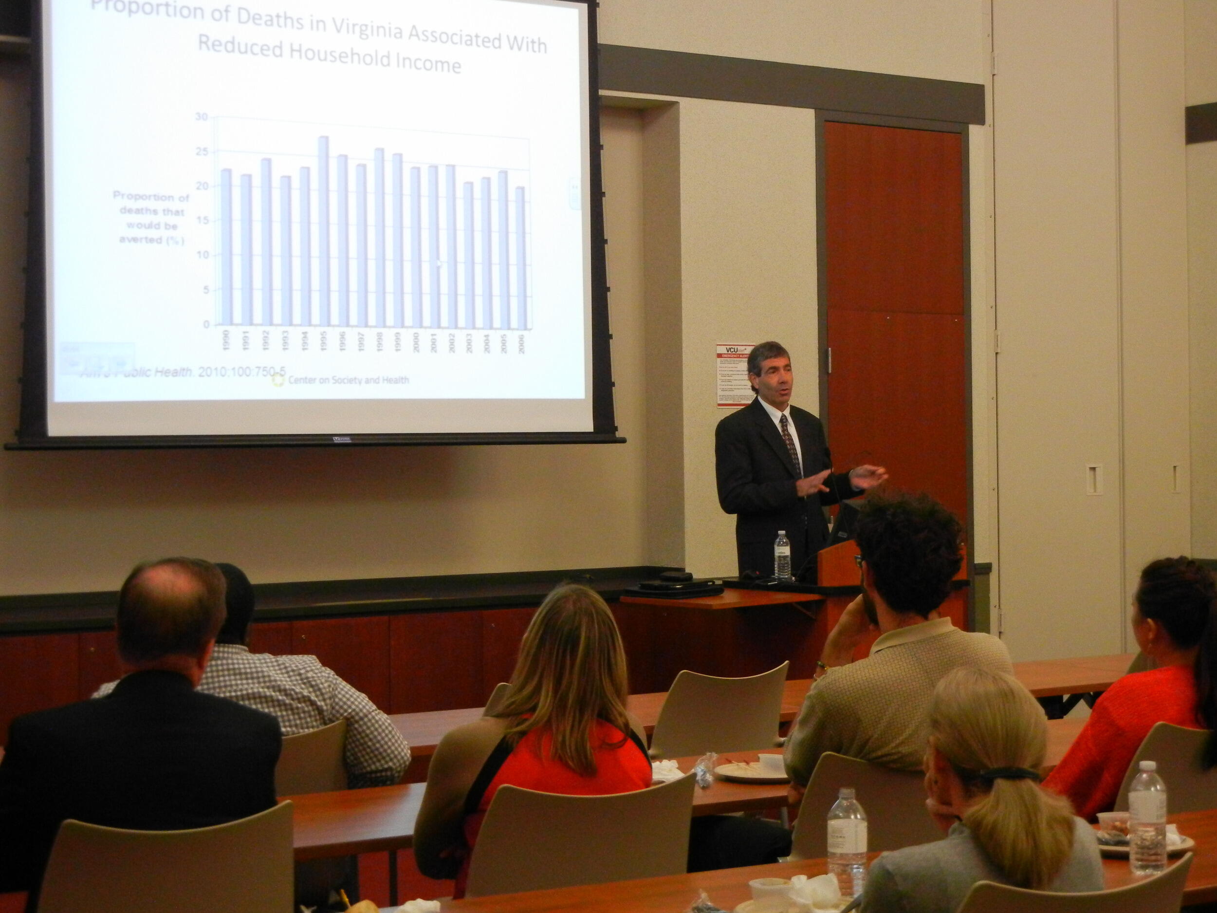 Steven Woolf, M.D., shared key panel findings from the Institute of Medicine’s report “U.S. Health in International Perspective: Shorter Lives, Poorer Health.” Woolf served as a study panel chair and co-author of the report. During his lecture, he expanded upon the panel’s findings that, on average, Americans experience higher rates of disease and injury and die sooner than people in other high-income countries.
