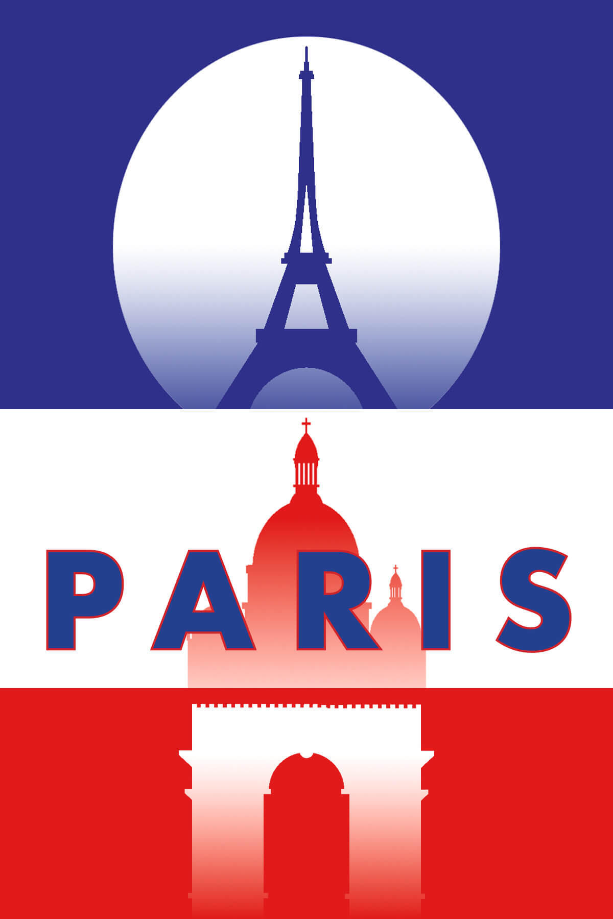 Travel poster in Paris showing the Eiffel Tower and other landmarks.