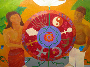 VCU art students in the Communication Arts mural painting class completed a new mural that covered several different walls in the entrance to the School of World Studies building. This particular wall represents the school’s religious studies program, and shows various symbols from different religions.